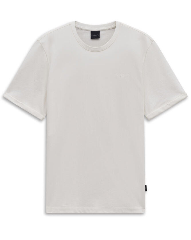 Ecru short-sleeved crew neck t-shirt with subtle embossed 'BUGATTI' text on the chest and a small black tag on the left side