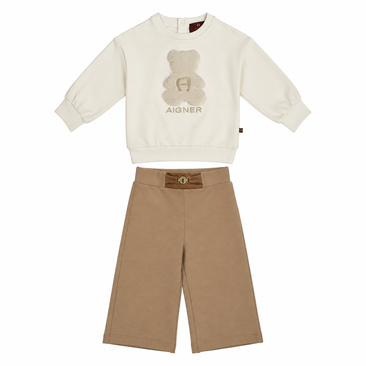 Aigner Kids beige long-sleeved top with embroidered teddy bear and brown wide-leg trousers with gold-toned buckle