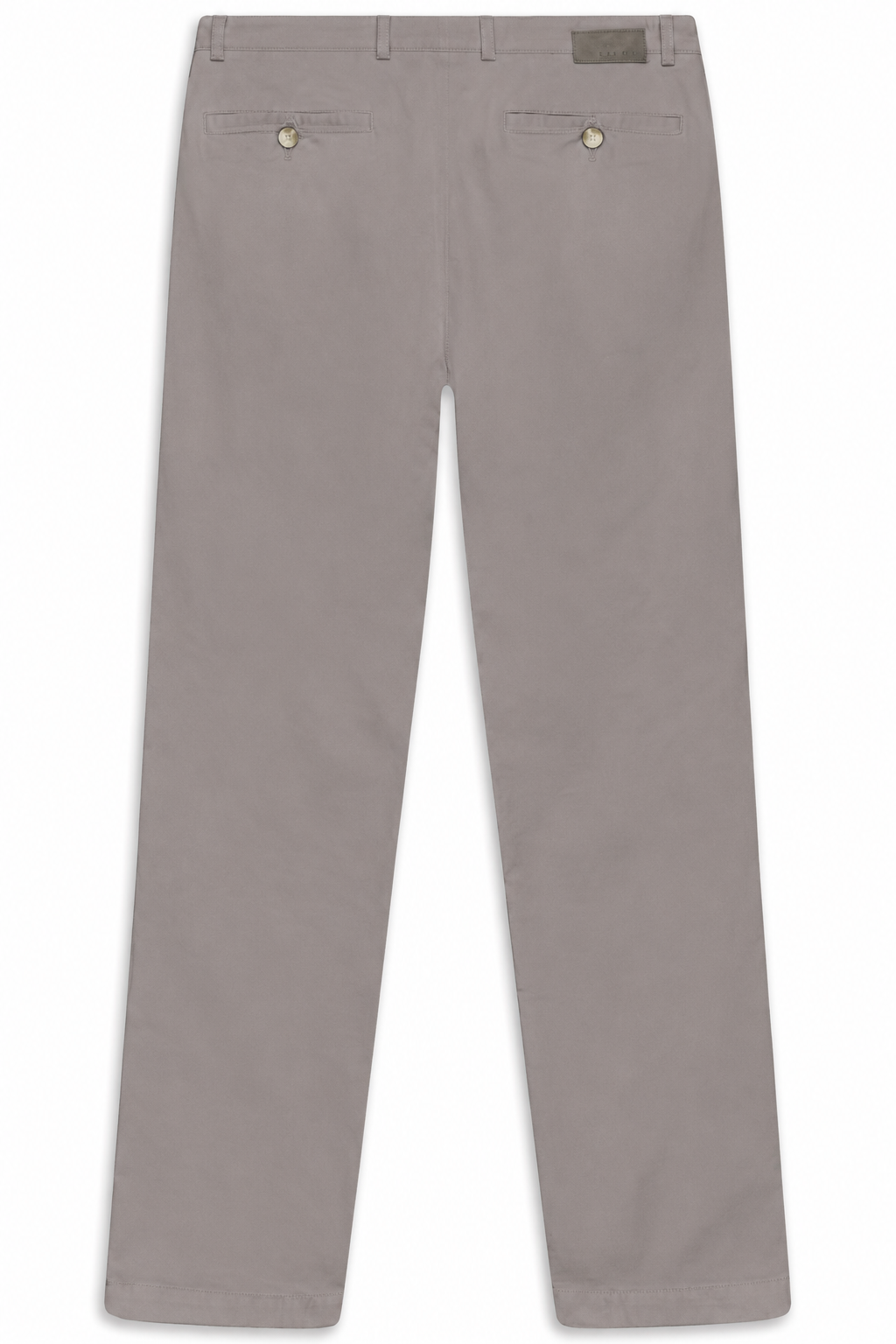 Grey casual trousers, back view. Features two buttoned back welt pockets, belt loops, and a dark rectangular patch on the wai