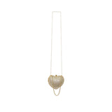 Front view of a David Charles heart-shaped evening clutch encrusted with silver crystals and gold-tone chain straps.