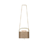Alternate view of the David Charles gold crystal evening bag showing the tiered texture and pearl-embellished drawstring detail