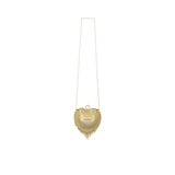 Back view of the David Charles gold heart clutch showing the smooth metallic finish, crystal trim, and ring clasp closure.