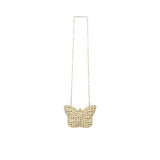 Front view of a David Charles gold evening bag featuring vertical rows of shimmering crystals and a long gold chain strap against a white background.