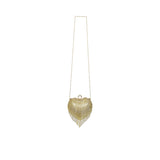 Front view of a David Charles gold heart-shaped clutch bag covered in crystals with a long beaded fringe and gold chain strap.