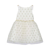 Front view of a David Charles ivory tulle dress featuring a sequin lattice pattern, gold chain waist belt, and bow-accented shoulder straps.