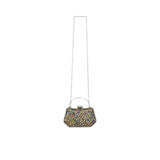 Back view of the David Charles jewelled handbag showing the continuous multicoloured crystal pattern and the polished silver hardware details.