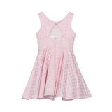 Back view of the David Charles pink houndstooth dress showing a V-shaped cut-out detail and a concealed zipper closure.