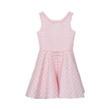 Front view of a David Charles girls' pink and cream houndstooth brocade party dress featuring pearl-beaded trim at the neckline and waist.