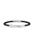 Black woven leather bracelet with a silver-toned cylindrical clasp and a textured silver-toned bar engraved with "POLICE".