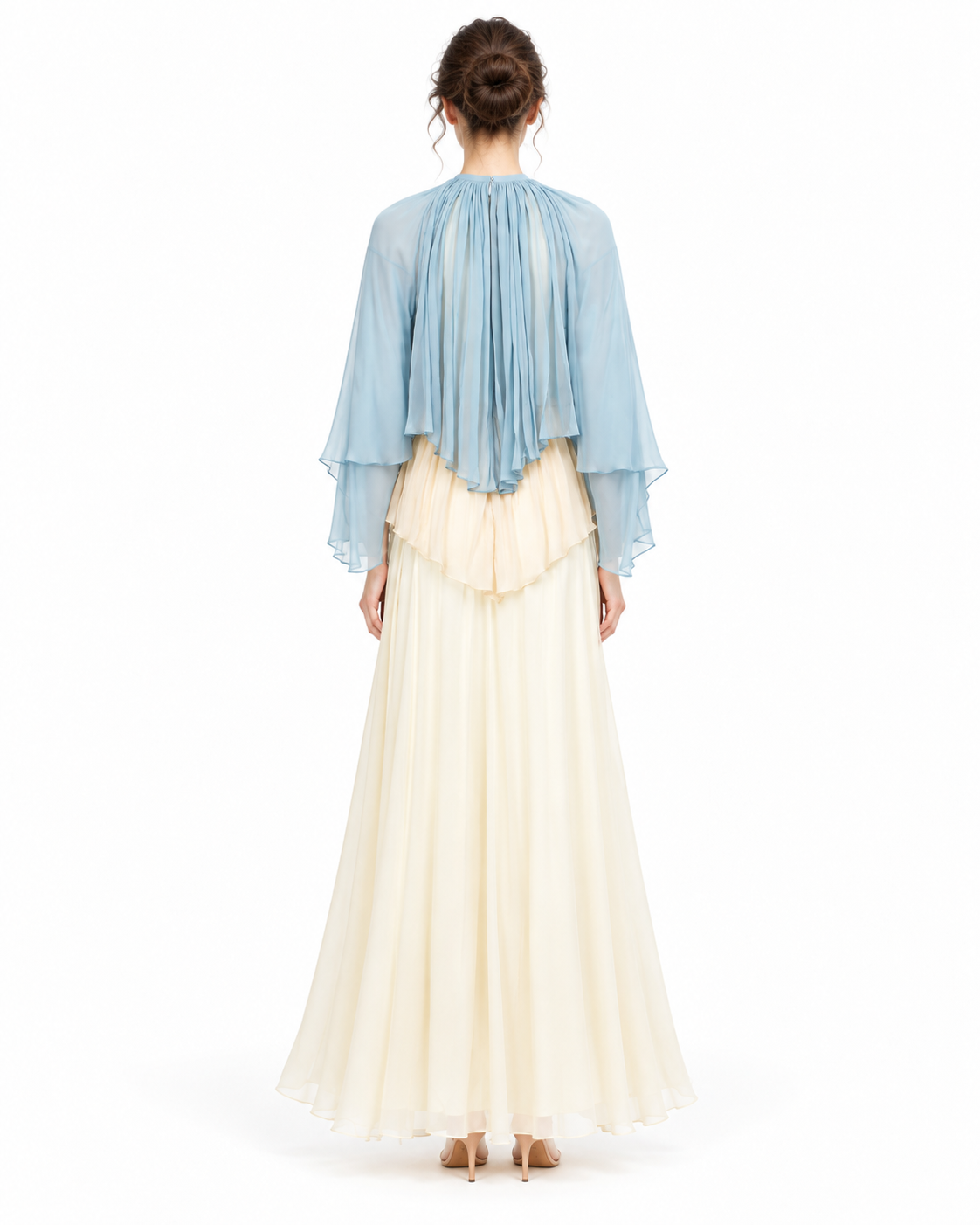 Layered dress: sheer blue top with gathered high neck, wide ruffled sleeves; tiered beige ruffles; full-length cream skirt.