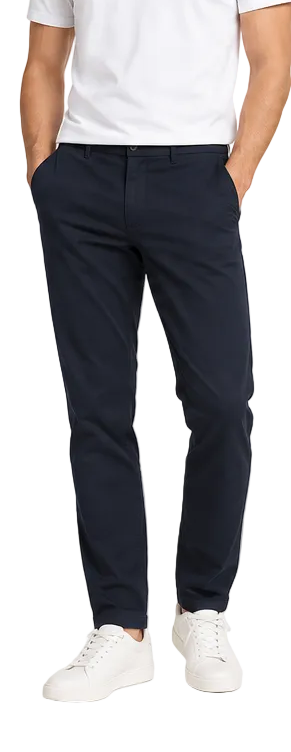 Navy blue casual slim-fit trousers with a flat front waistband, belt loops, side slash pockets, and rear welt pockets.