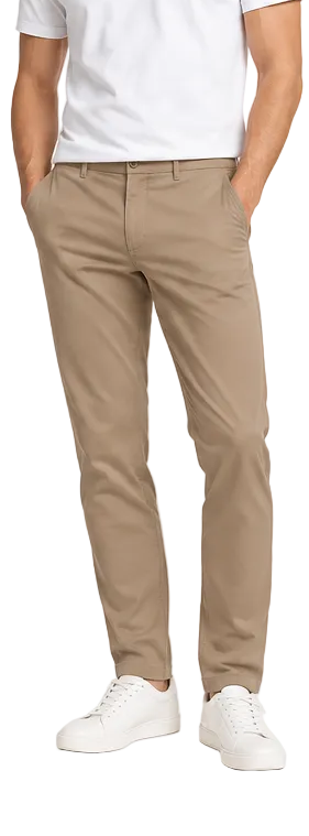 Beige casual trousers with a flat front, button and zip closure, belt loops, and side slash pockets.