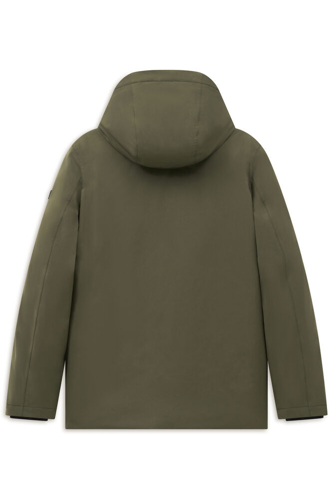 Olive green hooded jacket, back view. Features long sleeves with black inner cuffs and a small black tag on the left sleeve.