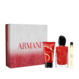 Giorgio Armani Sì Passione gift set: silver-to-red glitter box, red body lotion tube, red glass perfume bottle with black cap