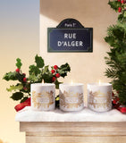A white cylindrical candle with a lit wick, featuring a gold-toned botanical design and "Baies des lunes" text.