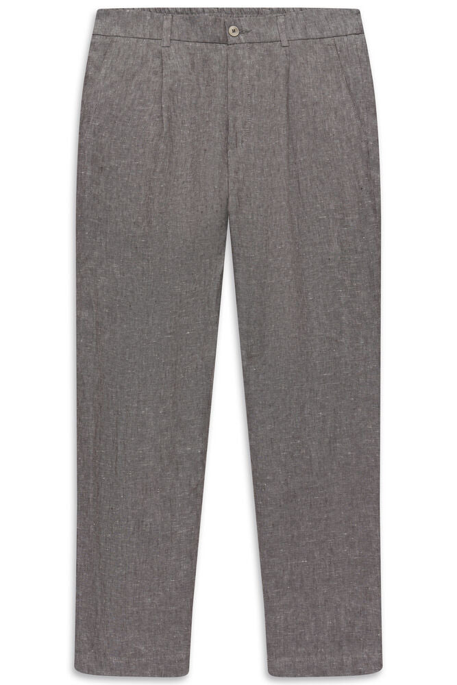 Grey linen-look trousers with a single front pleat, slanted side pockets, belt loops, and a light button closure.