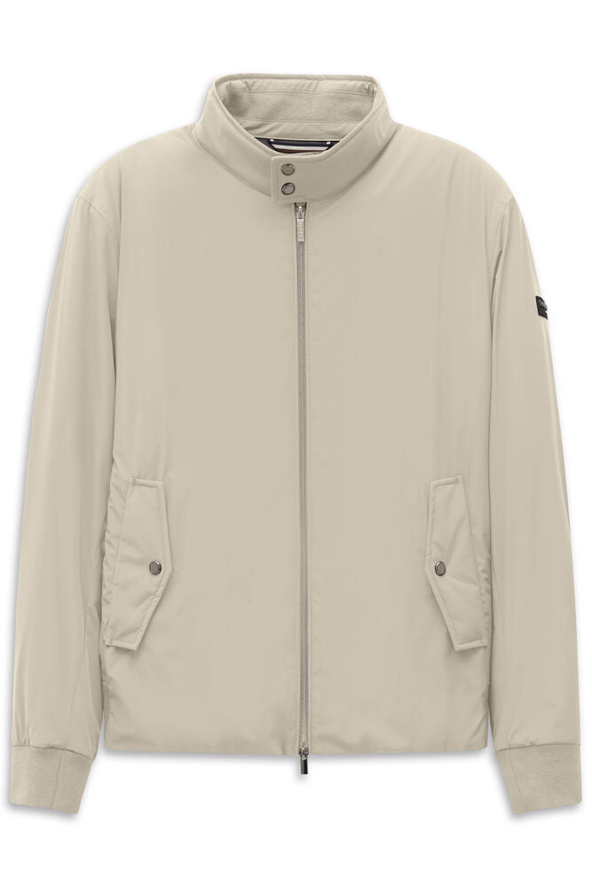 Beige jacket with a stand-up collar, silver-toned zipper, two snap-button pockets, and ribbed cuffs.