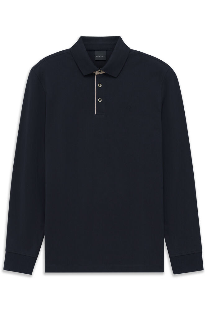 Navy blue long-sleeved polo shirt with a classic collar, two-button placket with beige trim, and ribbed cuffs.