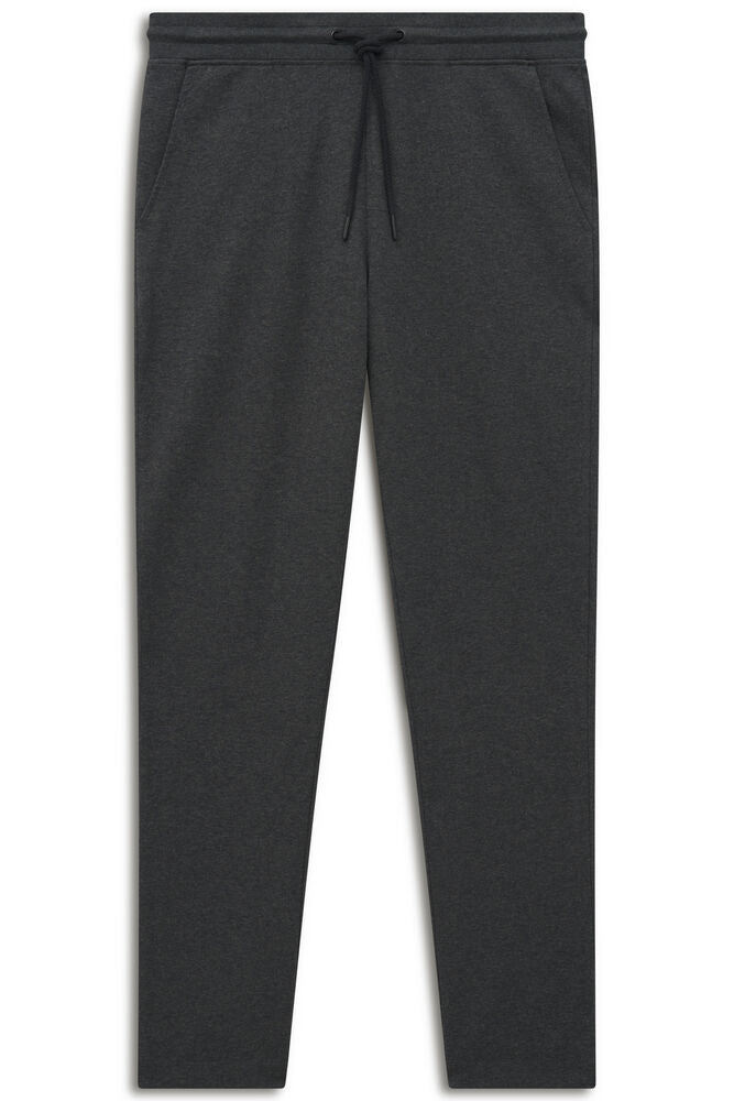 Dark grey melange knit trousers with an elasticated drawstring waistband and two side slash pockets.