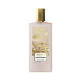 Frosted light pink rectangular perfume bottle with a gold-toned hexagonal cap and a gold-toned label depicting Parisian rooft