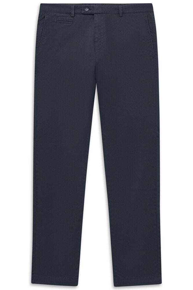 Dark blue flat-front trousers with a button closure, zipper fly, belt loops, and side slant pockets.
