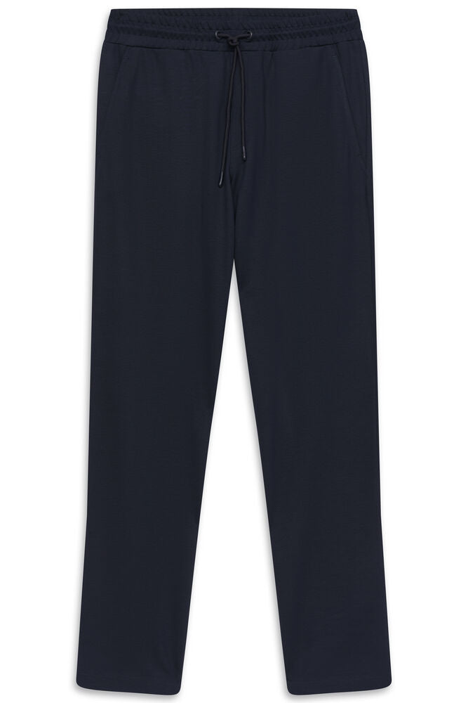 Navy blue casual trousers with an elasticated drawstring waistband and side pockets, laid flat.