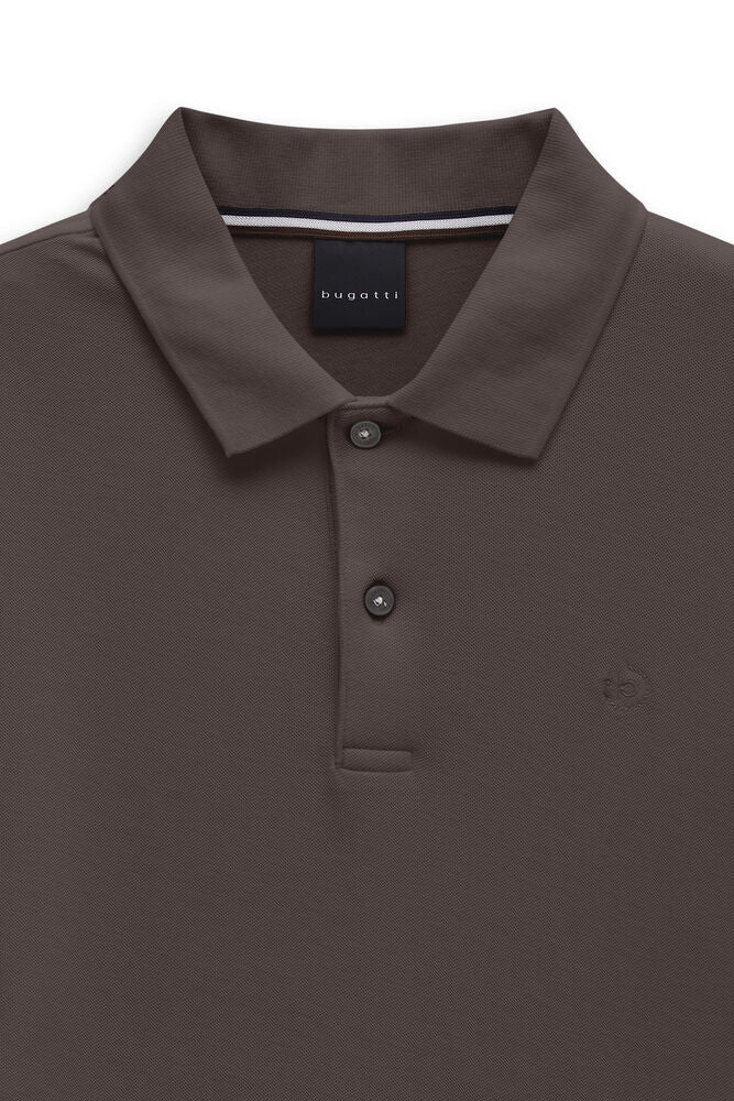 Dark brown pique polo shirt with a two-button placket, striped inner collar, and subtle embroidered logo on the left chest.