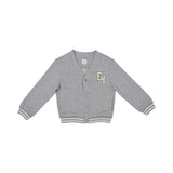 Detailed front view of the Eleventy Kids grey jersey cardigan with a button closure, striped ribbed trim, and "EY" embroidery.