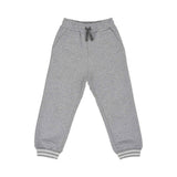 Front view of the Eleventy Kids heather grey jogger pants featuring a drawstring waistband and striped athletic cuffs.