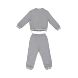 Rear view of the grey Eleventy Kids cardigan and joggers set, showing the clean finish of the jacket and a single welt pocket on the back of the pants.