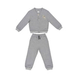 A two-piece Eleventy Kids set for boys in heather grey, featuring a V-neck button-up cardigan with an "EY" chest patch and matching cuffed joggers.
