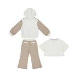 Rear view of the Eleventy Kids 3-piece set showing the hood detail, the back of the white t-shirt, and the "Eleventy Club" branding on the back of the sand flared pants.