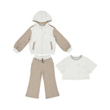 A three-piece Eleventy Kids girl's clothing set featuring a cream and sand-colored zip-up hoodie with butterfly embroidery, a white crewneck t-shirt, and matching sand flared joggers.