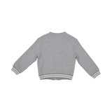 Detailed back view of the Eleventy Kids grey jersey cardigan with a button closure, striped ribbed trim, and "EY" embroidery.