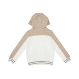 Back view of the hooded zip-up sweatshirt with striped ribbed cuffs and athletic color-block sleeves.