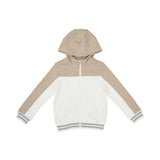 Close-up of the hooded zip-up sweatshirt with striped ribbed cuffs and athletic color-block sleeves.