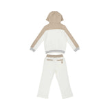 Rear view of the Eleventy Kids set showing the hood construction and back welt pocket details on the trousers.