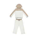 Front view of Eleventy Kids two-piece tracksuit featuring a sand and white color-block zip-up hoodie and matching joggers.