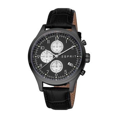 ESPRIT Jack Chronograph Gents Black Dial Black Stainless Steel Case Black Leather Strap Watch