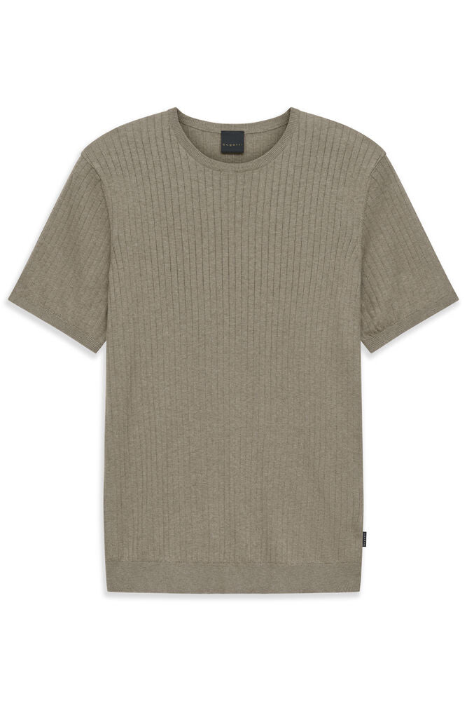 Beige ribbed knit short sleeve T-shirt with a crew neck and flat knit cuffs and hem.