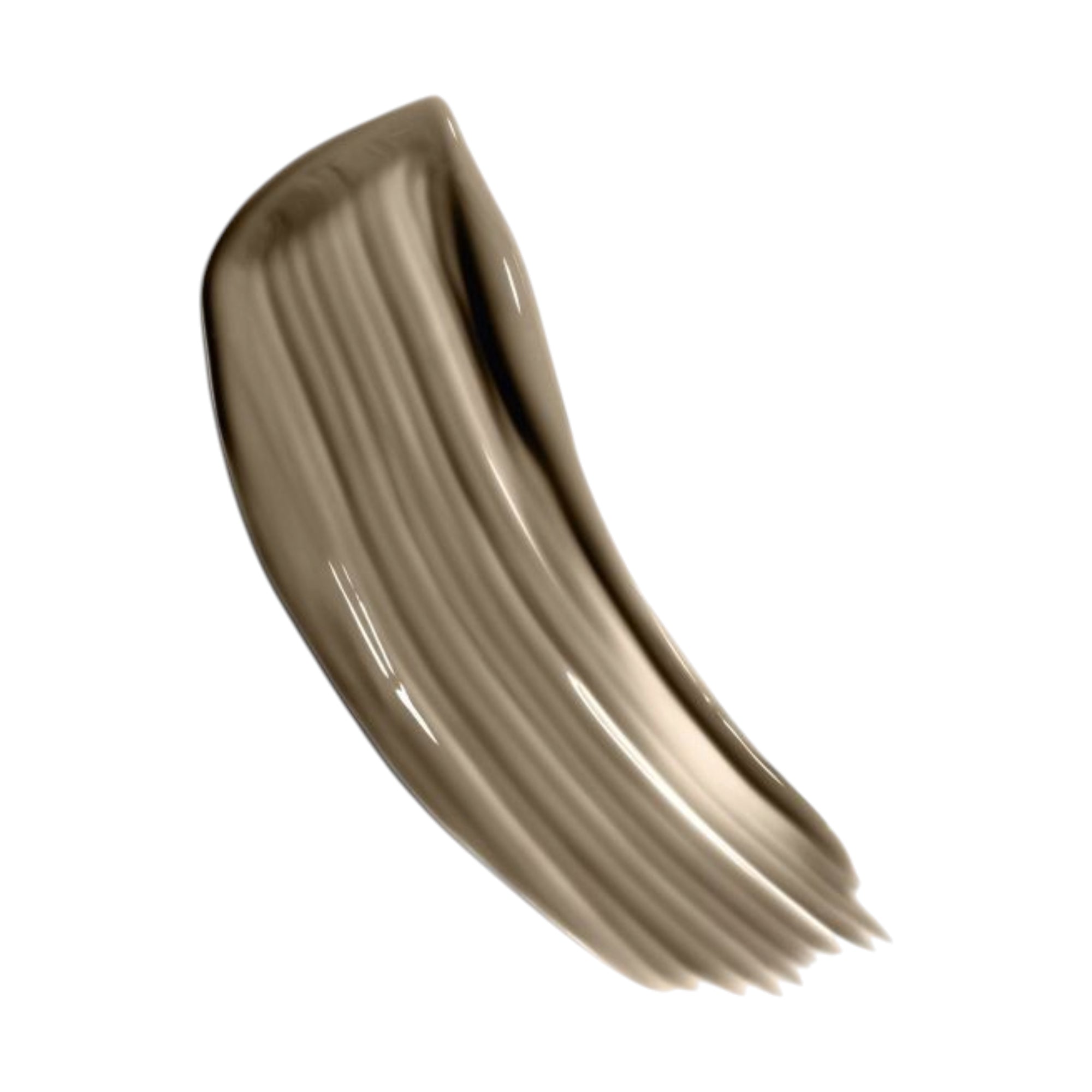 A curved swatch of medium taupe liquid makeup with a satin finish and visible brush strokes, tapering at one end.
