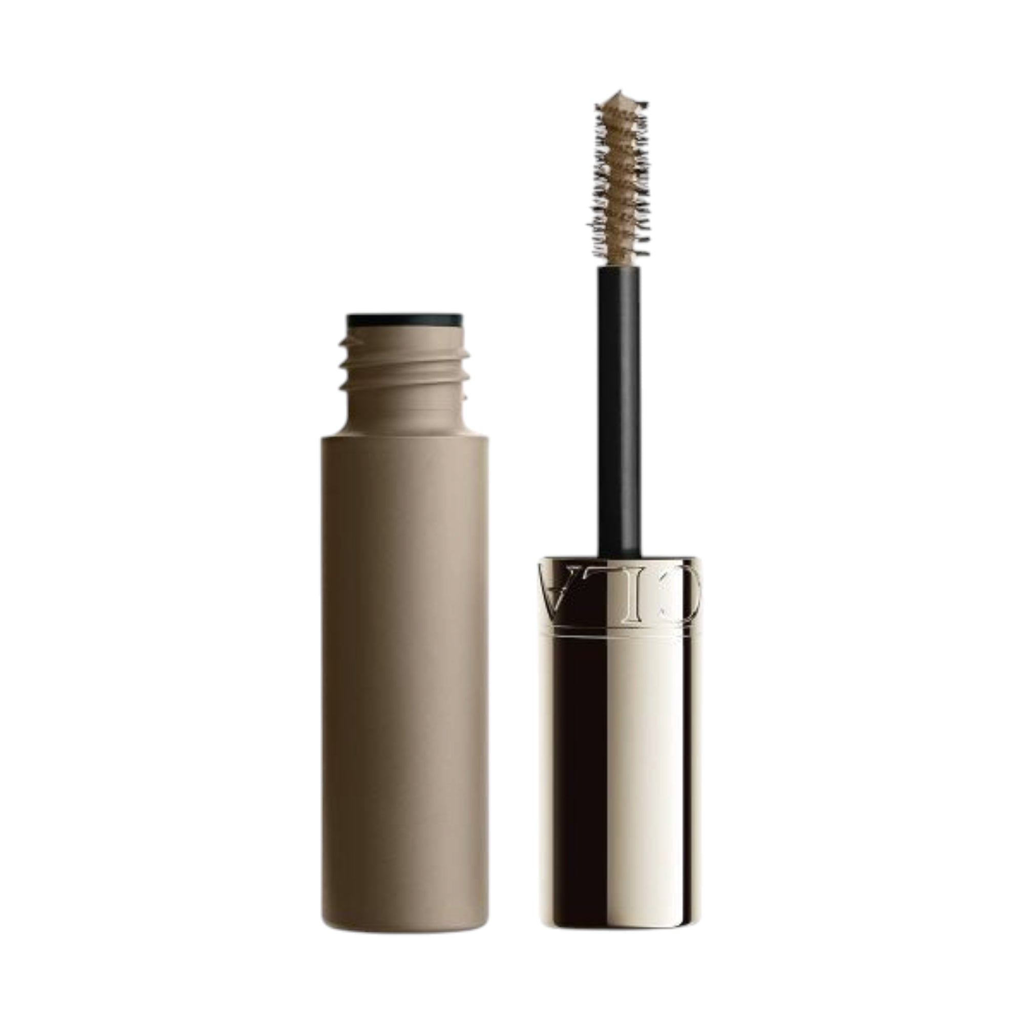 Open tube of Clarins Wonder Sculpt cosmetic in a light brown shade, with the metallic cap and bristled brush applicator visib