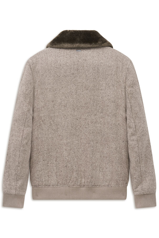 Beige speckled bomber jacket with a dark brown furry collar, ribbed cuffs, and hem, viewed from the back.