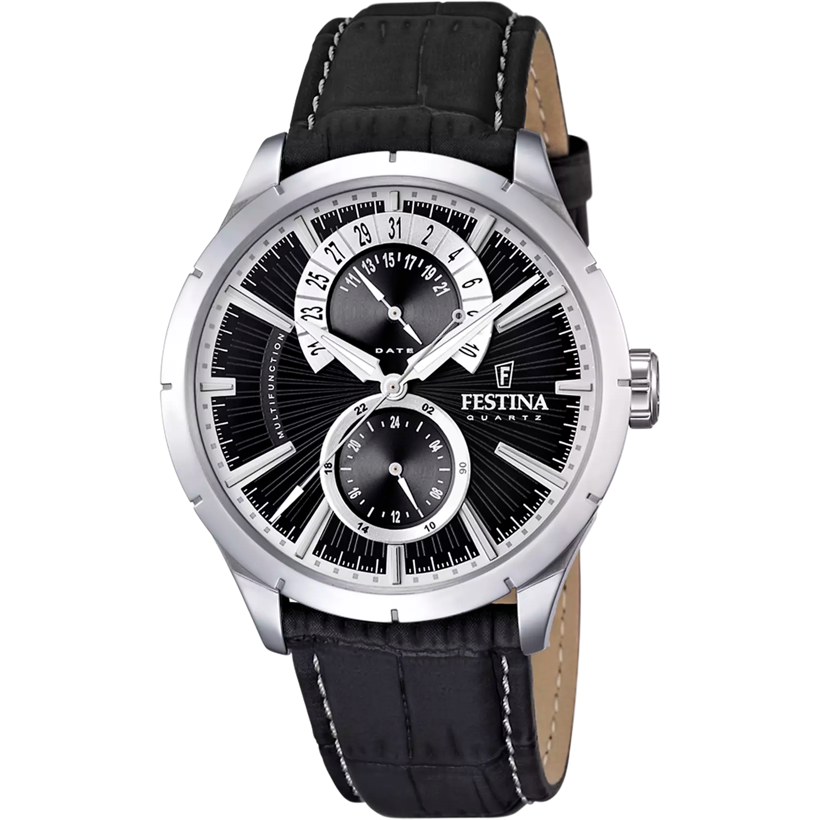 Festina men's watch with silver-toned steel case, black multi-function dial, and black crocodile-embossed leather strap.