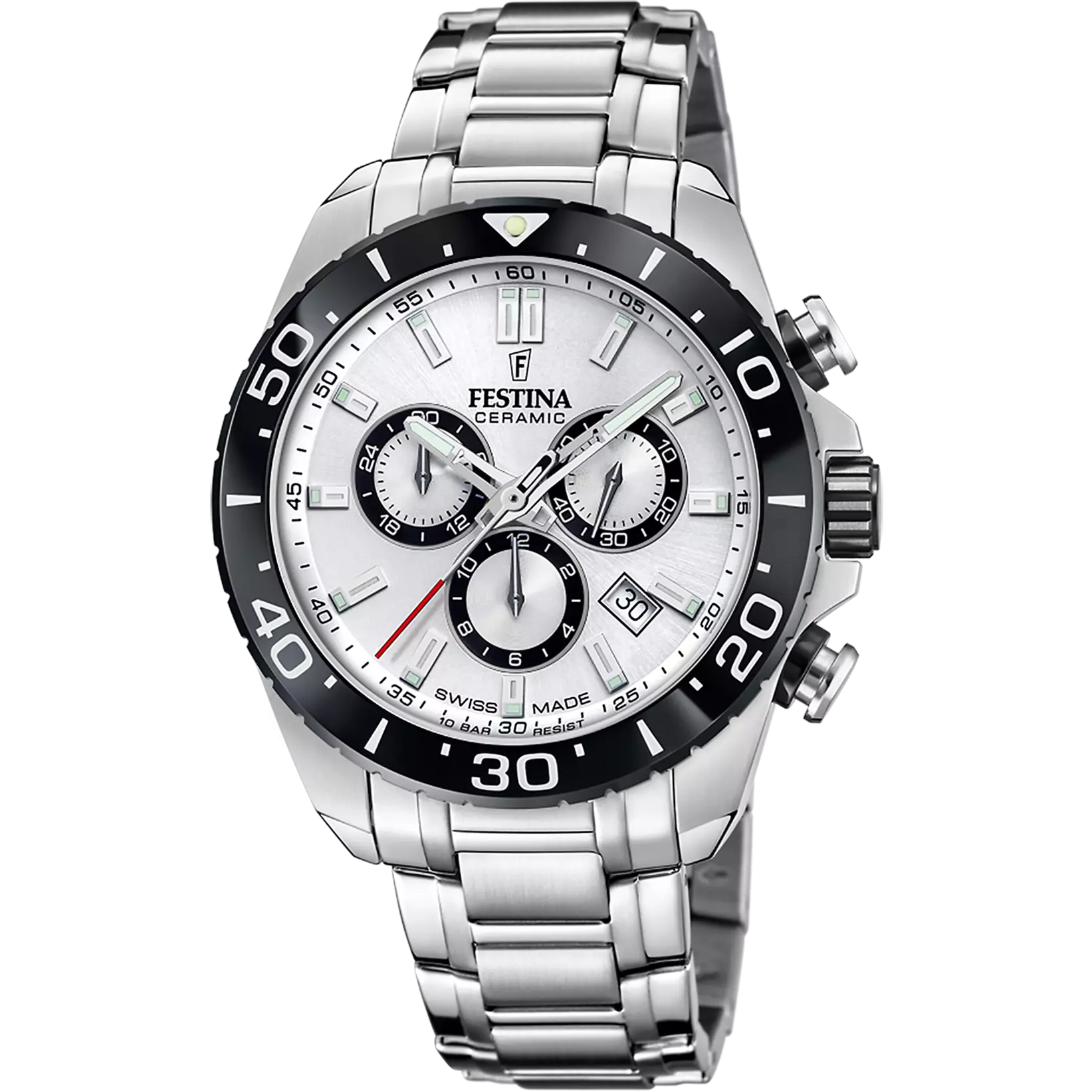 Festina men's Swiss Made chronograph watch with a white dial, black ceramic bezel, and silver-toned stainless steel bracelet.