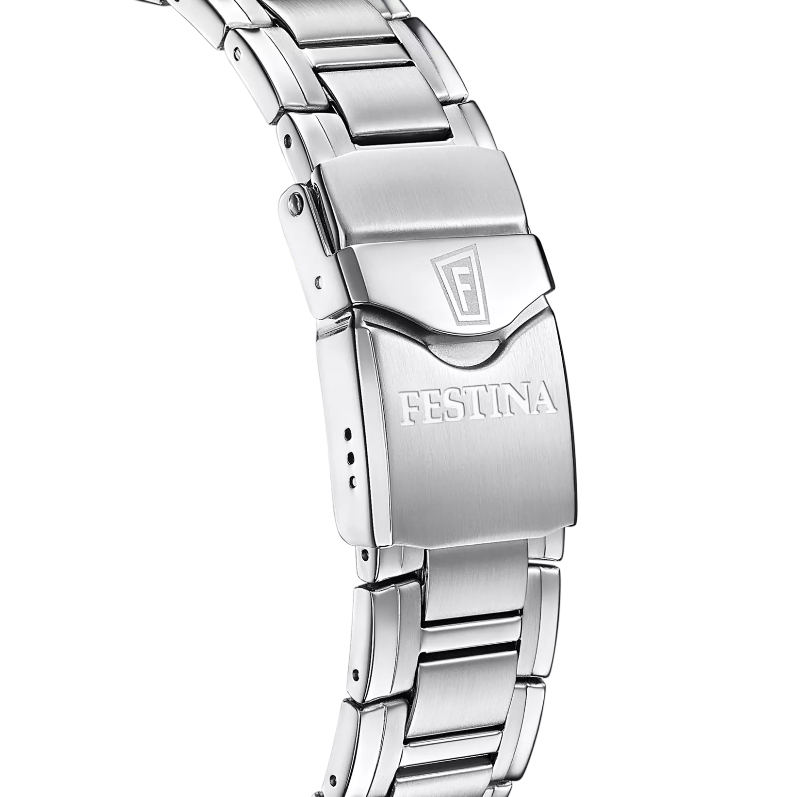 Silver-toned stainless steel watch bracelet with a folding clasp. The clasp features "FESTINA" engraving and an "F" logo.