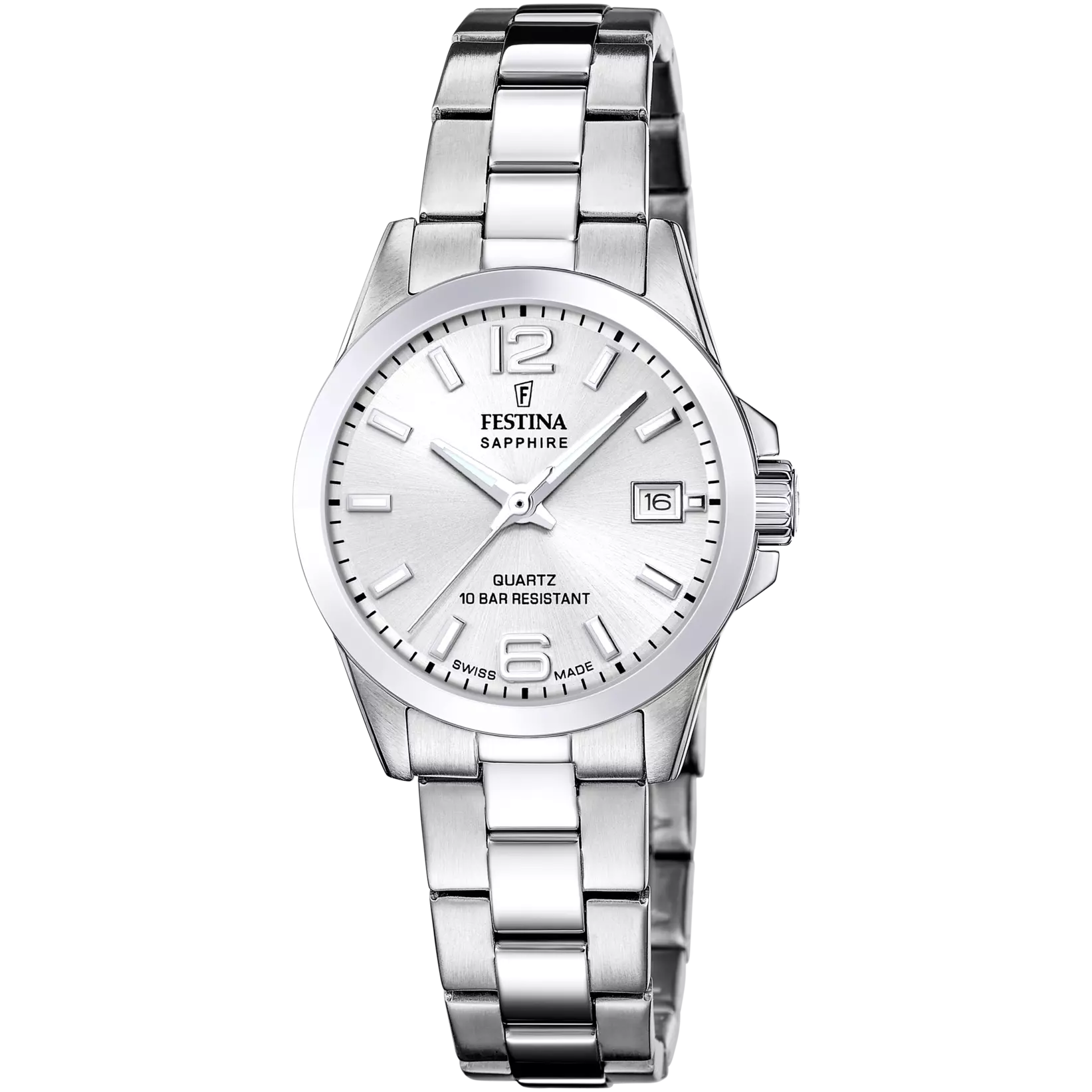Silver-toned Festina women's watch with a round case, silver sunray dial, and silver-toned multi-link bracelet.