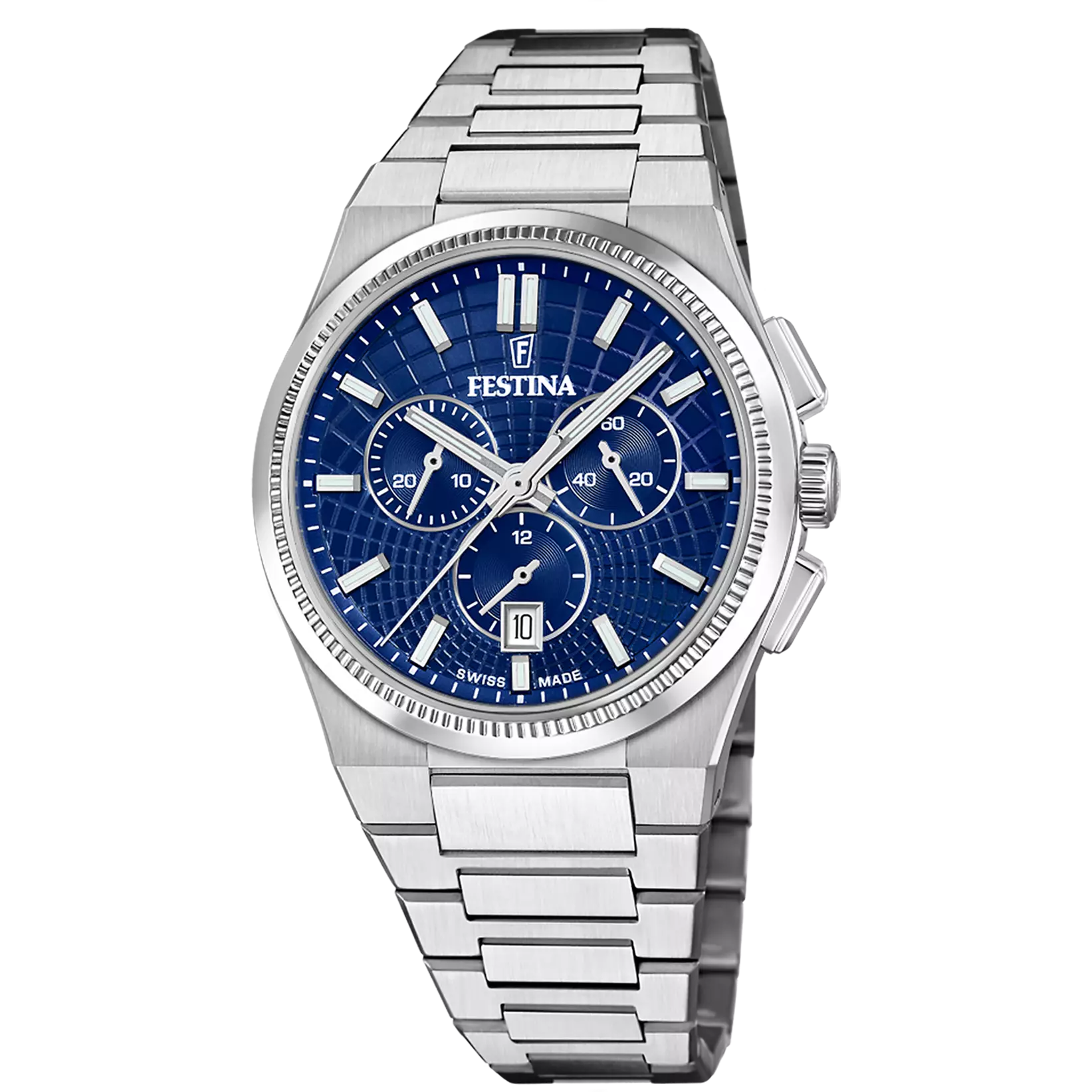 Festina men's chronograph watch with a silver-toned metal case and bracelet, and a blue textured dial with three sub-dials.