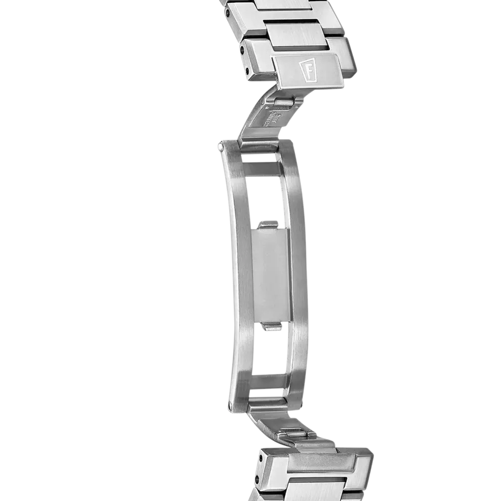 Brushed silver-toned metal watch bracelet with an open folding clasp. The outer clasp plate features an 'F' logo.