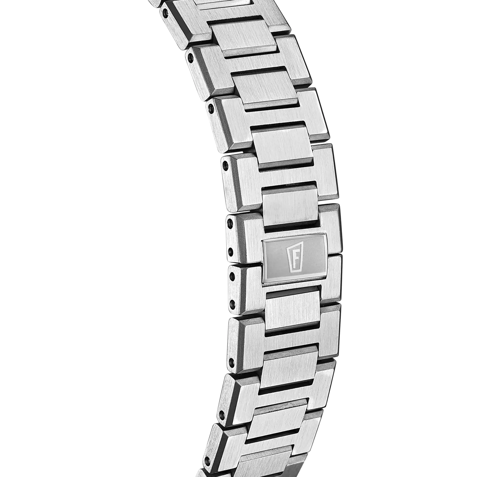 Silver-toned watch band with brushed rectangular links. A central link features a polished, recessed 'F' logo.